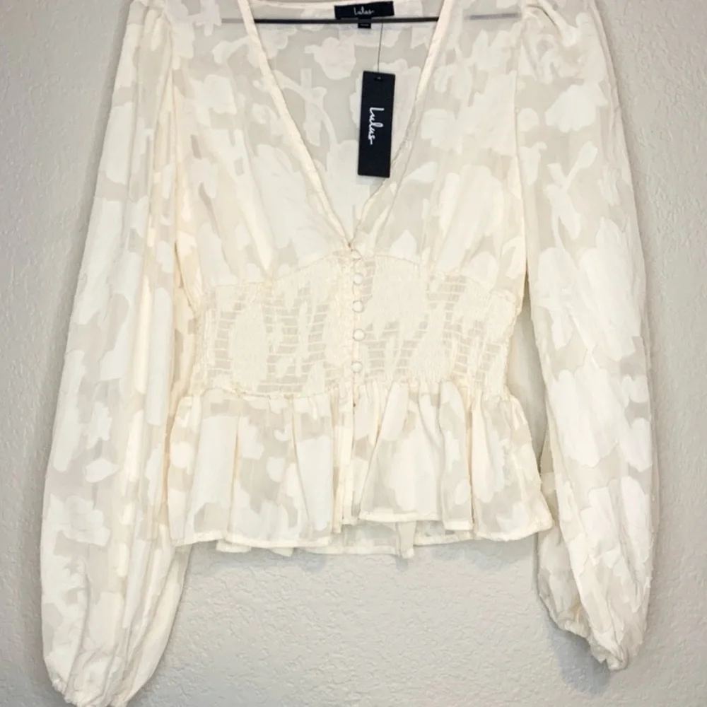 Lulus Patio Date Ivory Floral Jacquard Button-Up Long Sleeve Top - Picture 6 of 8